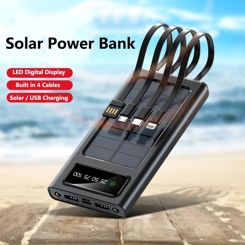 10,000mAh Solar Power Bank with Fast Charging, LED Light & 4 Cables