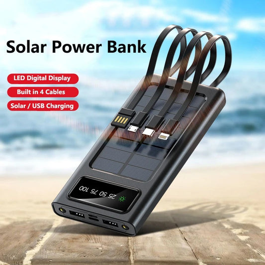 10,000mAh Solar Power Bank with Fast Charging, LED Light & 4 Cables